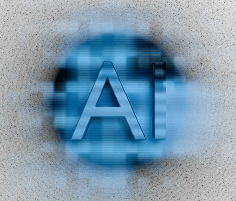 Les lettres AI en bleu sur fond de pixels