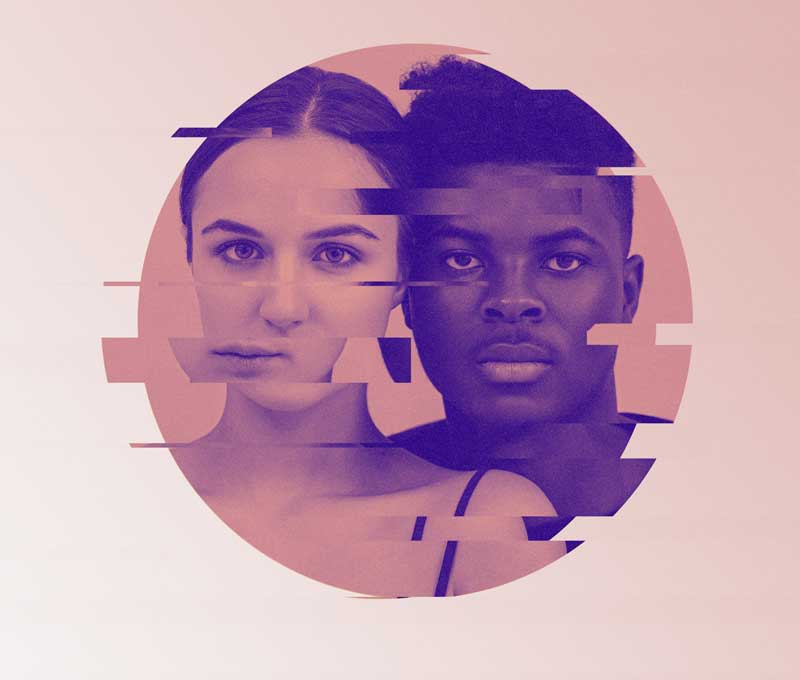 1 visage de femme et 1 visage d'homme entremêlés graphiquement pour signifier le flou de l'identité de genre
