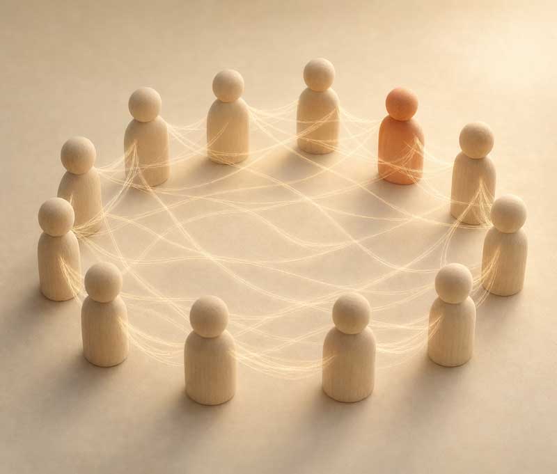ensemble de figurines minimalistes en bois disposées en cercle, dont une de couleur différente, et reliées par des liens