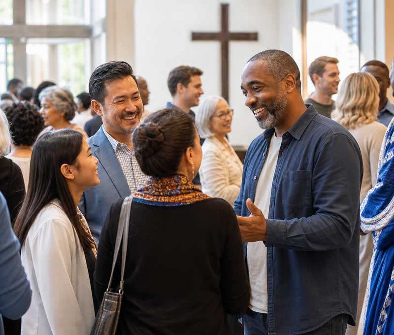 un Pasteur en conversation avec des personnes d'origines différentes dans le hall d'une église baptiste